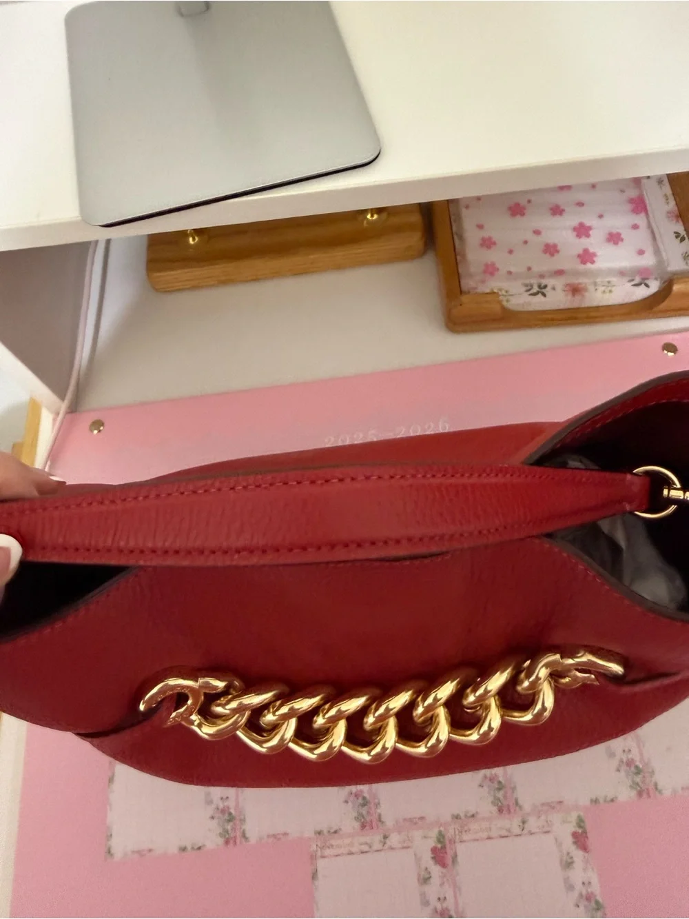 COACH Red Apple Pebbled Leather Hobo with Gold Chain Accent